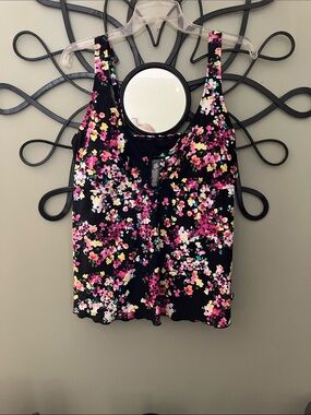 Lands' End Black Floral Swim Tank with Pink, White & Yellow Accents